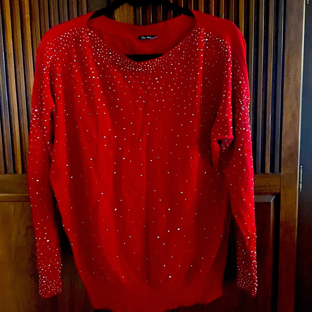 Beautiful Woman’s Vila Milano Studded Boatneck Sweater; Size Large; Red/silver